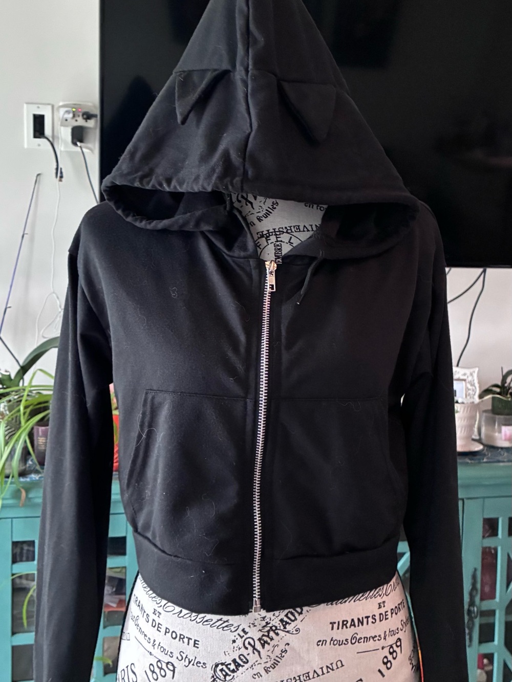 Black cat ear Cropped Hooded Zip Jacket - Women